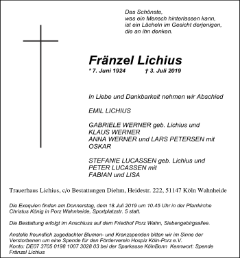 Anzeige von Fränzel Lichius von  Kölner Wochenspiegel 