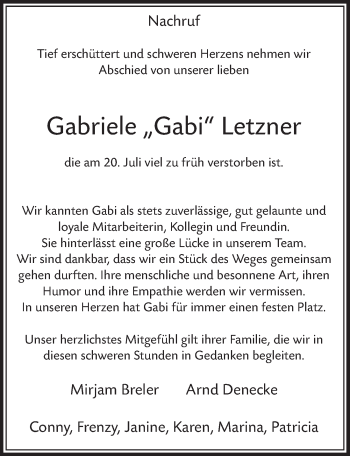 Anzeige von Gabriele Letzner von  Schlossbote/Werbekurier 