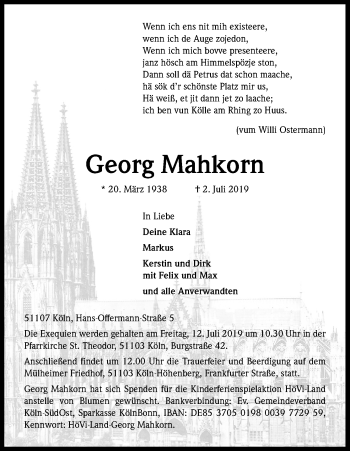 Anzeige von Georg Mahkorn von Kölner Stadt-Anzeiger / Kölnische Rundschau / Express