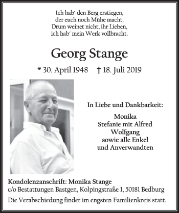 Anzeige von Georg Stange von  Sonntags-Post 