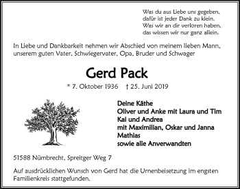 Anzeige von Gerd Pack von  Anzeigen Echo  Lokalanzeiger 