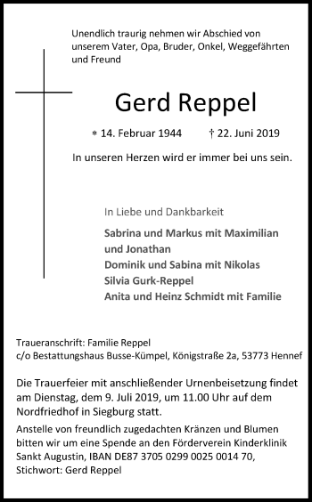 Anzeige von Gerd Reppel von Kölner Stadt-Anzeiger / Kölnische Rundschau / Express