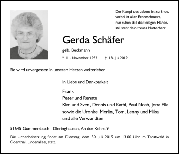Anzeige von Gerda Schäfer von  Anzeigen Echo 