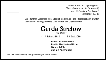 Anzeige von Gerda Strelow von Kölner Stadt-Anzeiger / Kölnische Rundschau / Express