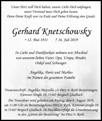 Anzeige von Gerhard Knetschowsky von Kölner Stadt-Anzeiger / Kölnische Rundschau / Express