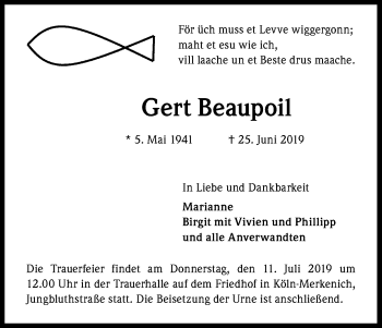Anzeige von Gert Beaupoil von Kölner Stadt-Anzeiger / Kölnische Rundschau / Express