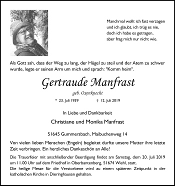 Anzeige von Gertraude Manfrast von Kölner Stadt-Anzeiger / Kölnische Rundschau / Express