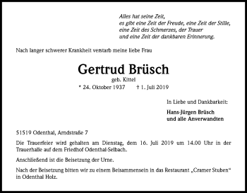 Anzeige von Gertrud Brüsch von Kölner Stadt-Anzeiger / Kölnische Rundschau / Express
