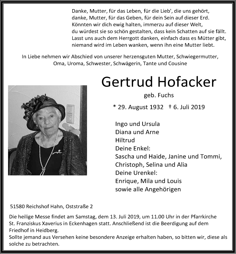  Traueranzeige für Gertrud Hofacker vom 10.07.2019 aus  Anzeigen Echo  Lokalanzeiger 