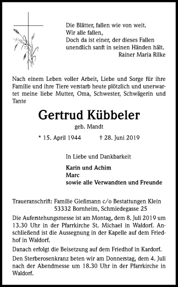 Anzeige von Gertrud Kübbeler von Kölner Stadt-Anzeiger / Kölnische Rundschau / Express