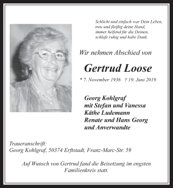 Anzeige von Gertrud Loose von  Werbepost 