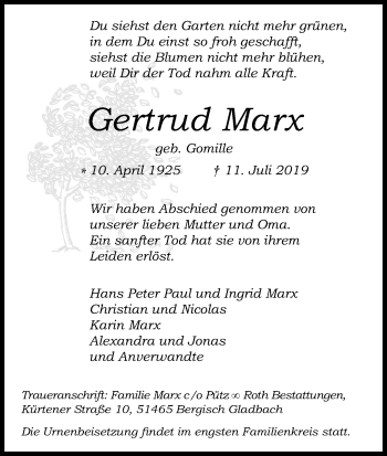 Anzeige von Gertrud Marx von Kölner Stadt-Anzeiger / Kölnische Rundschau / Express