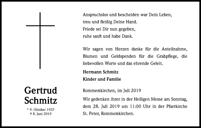  Traueranzeige für Gertrud Schmitz vom 20.07.2019 aus Kölner Stadt-Anzeiger / Kölnische Rundschau / Express