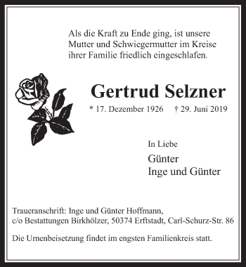 Anzeige von Gertrud Selzner von  Werbepost 
