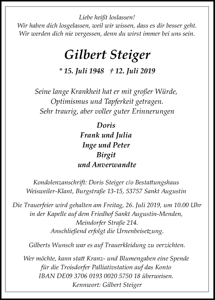  Traueranzeige für Gilbert Steiger vom 20.07.2019 aus Kölner Stadt-Anzeiger / Kölnische Rundschau / Express