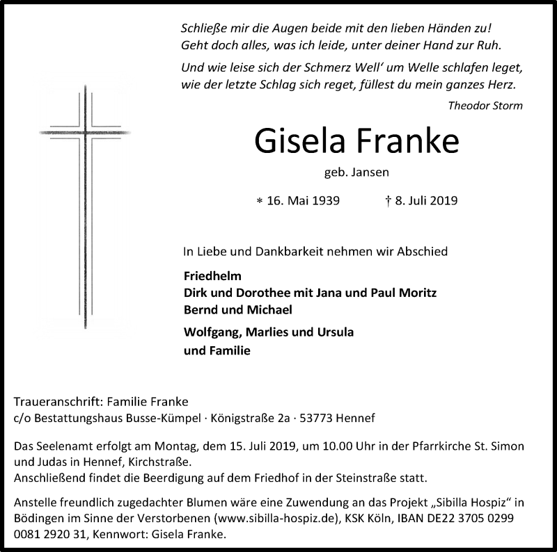  Traueranzeige für Gisela Franke vom 11.07.2019 aus Kölner Stadt-Anzeiger / Kölnische Rundschau / Express