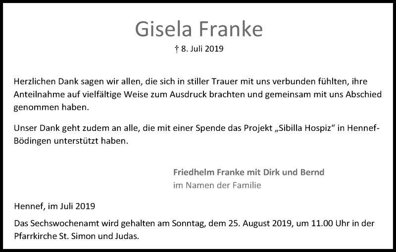  Traueranzeige für Gisela Franke vom 31.07.2019 aus Kölner Stadt-Anzeiger / Kölnische Rundschau / Express