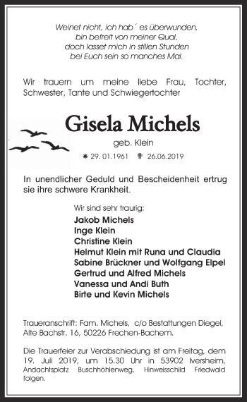 Anzeige von Gisela Michels von  Wochenende 