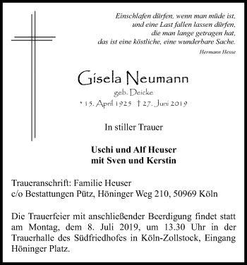 Anzeige von Gisela Neumann von Kölner Stadt-Anzeiger / Kölnische Rundschau / Express