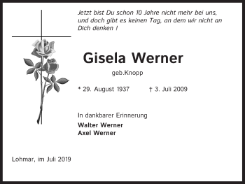 Anzeige von Gisela Werner von Kölner Stadt-Anzeiger / Kölnische Rundschau / Express
