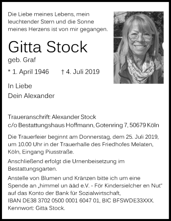 Anzeige von Gitta Stock von Kölner Stadt-Anzeiger / Kölnische Rundschau / Express