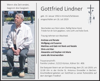 Anzeige von Gottfried Lindner von Kölner Stadt-Anzeiger / Kölnische Rundschau / Express