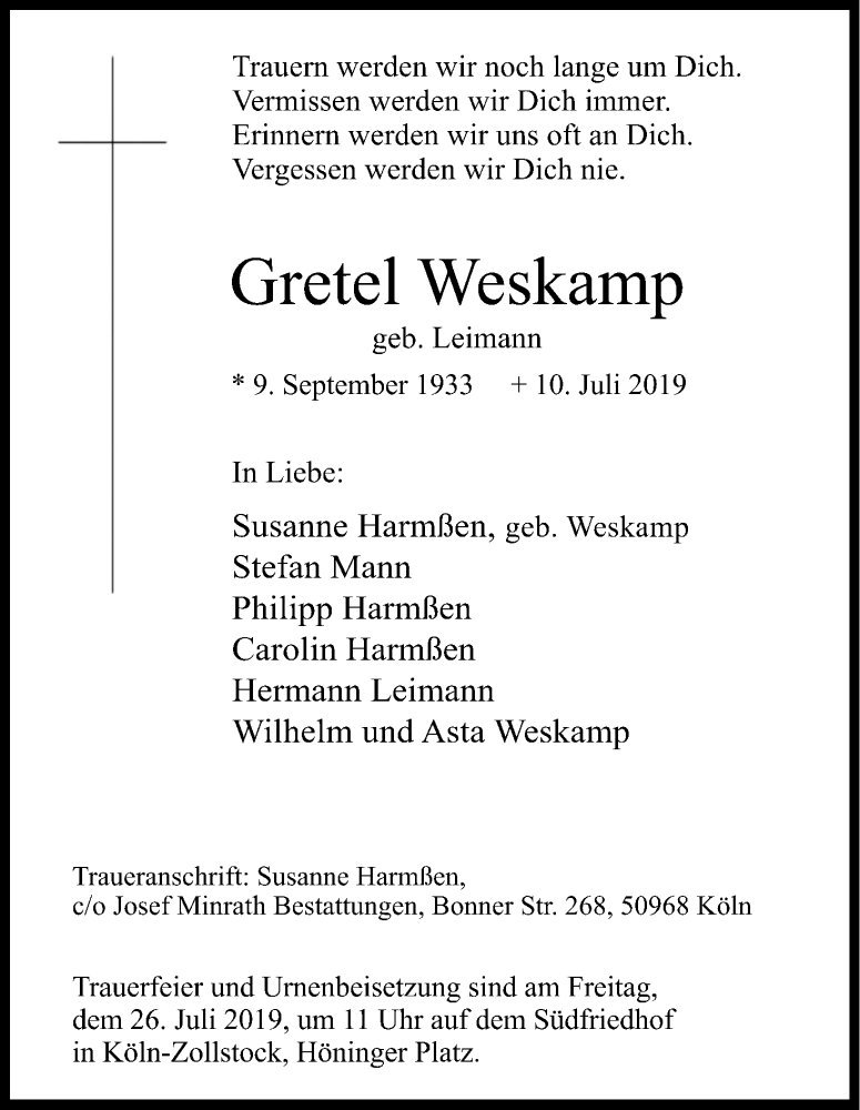  Traueranzeige für Gretel Weskamp vom 13.07.2019 aus Kölner Stadt-Anzeiger / Kölnische Rundschau / Express
