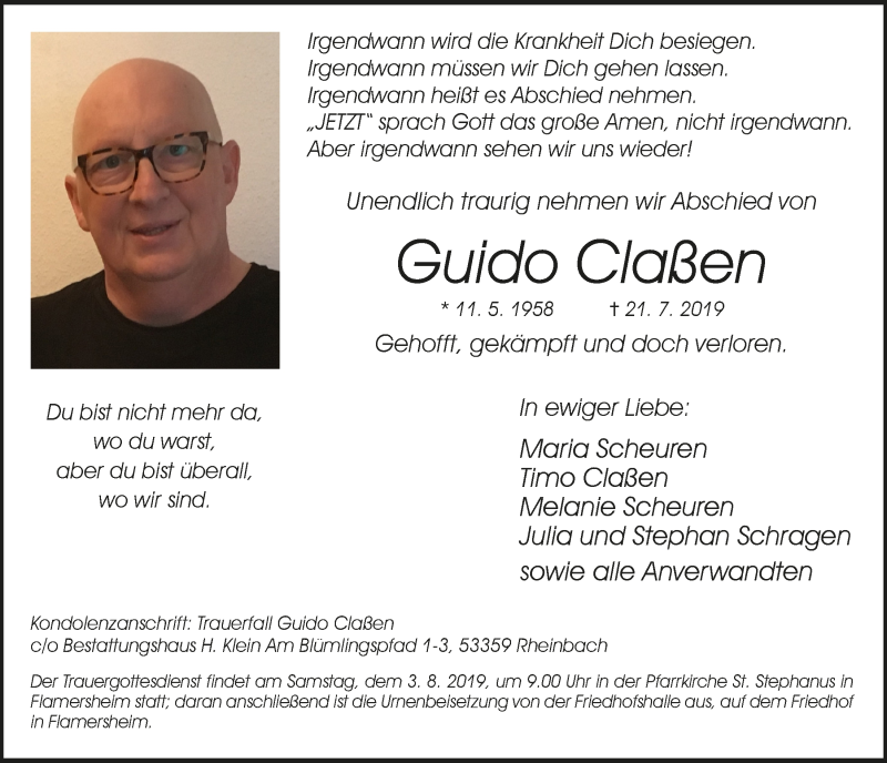  Traueranzeige für Guido Claßen vom 27.07.2019 aus  Blickpunkt Euskirchen 