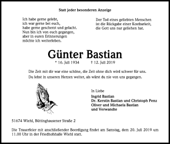 Anzeige von Günter Bastian von Kölner Stadt-Anzeiger / Kölnische Rundschau / Express