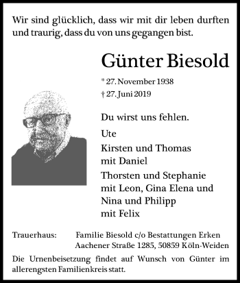 Anzeige von Günter Biesold von Kölner Stadt-Anzeiger / Kölnische Rundschau / Express