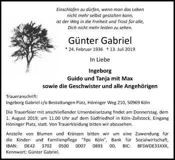Anzeige von Günter Gabriel von Kölner Stadt-Anzeiger / Kölnische Rundschau / Express