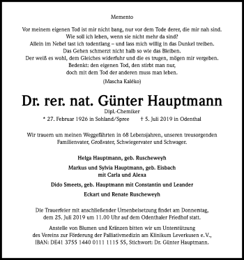 Anzeige von Günter Hauptmann von Kölner Stadt-Anzeiger / Kölnische Rundschau / Express