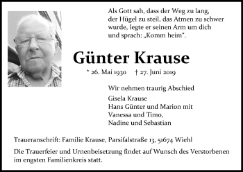 Anzeige von Günter Krause von Kölner Stadt-Anzeiger / Kölnische Rundschau / Express