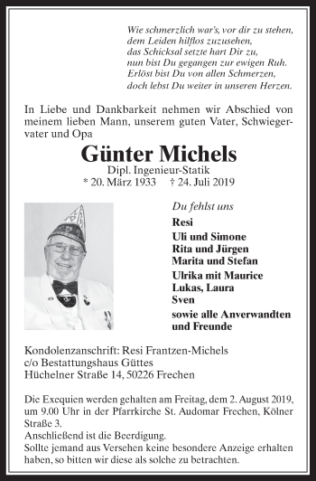Anzeige von Günter Michels von  Wochenende 