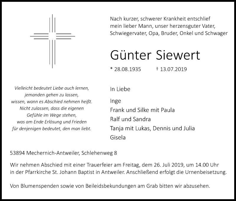  Traueranzeige für Günter Siewert vom 20.07.2019 aus Kölner Stadt-Anzeiger / Kölnische Rundschau / Express