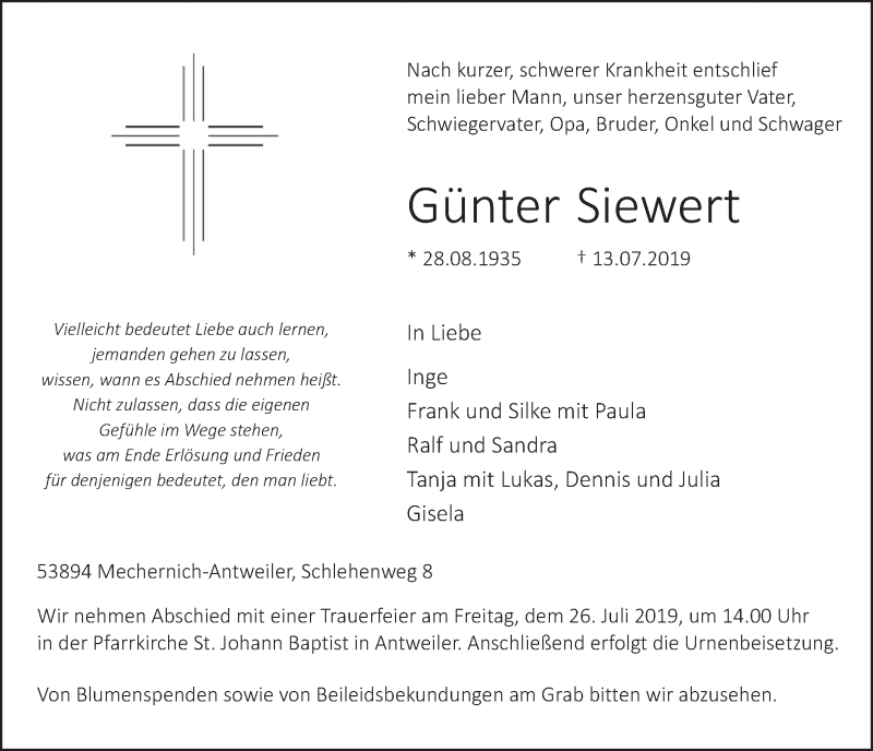  Traueranzeige für Günter Siewert vom 20.07.2019 aus  Blickpunkt Euskirchen 