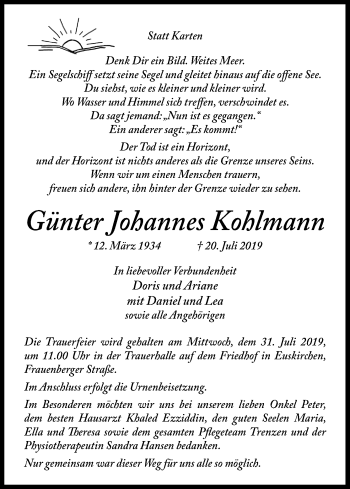 Anzeige von Günter Johannes Kohlmann von Kölner Stadt-Anzeiger / Kölnische Rundschau / Express