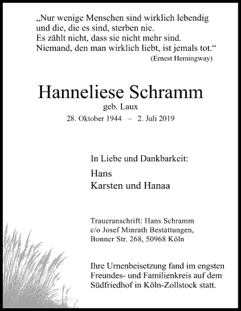 Anzeige von Hanneliese Schramm von Kölner Stadt-Anzeiger / Kölnische Rundschau / Express