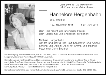 Anzeige von Hannelore Hergenhahn von Kölner Stadt-Anzeiger / Kölnische Rundschau / Express