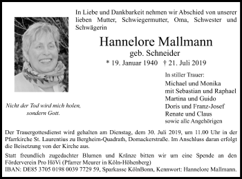 Anzeige von Hannelore Mallmann von Kölner Stadt-Anzeiger / Kölnische Rundschau / Express