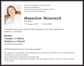 Anzeige von Hannelore Metternich von  Werbepost 