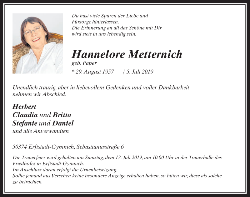  Traueranzeige für Hannelore Metternich vom 10.07.2019 aus  Werbepost 