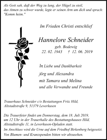 Anzeige von Hannelore Schneider von  Leverkusener Wochenende 