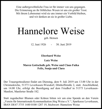 Anzeige von Hannelore Weise von Kölner Stadt-Anzeiger / Kölnische Rundschau / Express