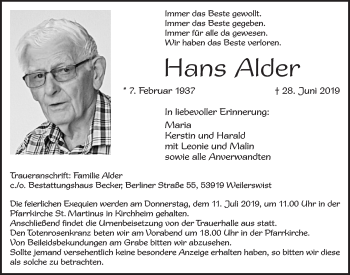 Anzeige von Hans Alder von  Blickpunkt Euskirchen 