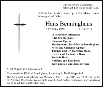 Anzeige von Hans Benninghaus von Kölner Stadt-Anzeiger / Kölnische Rundschau / Express