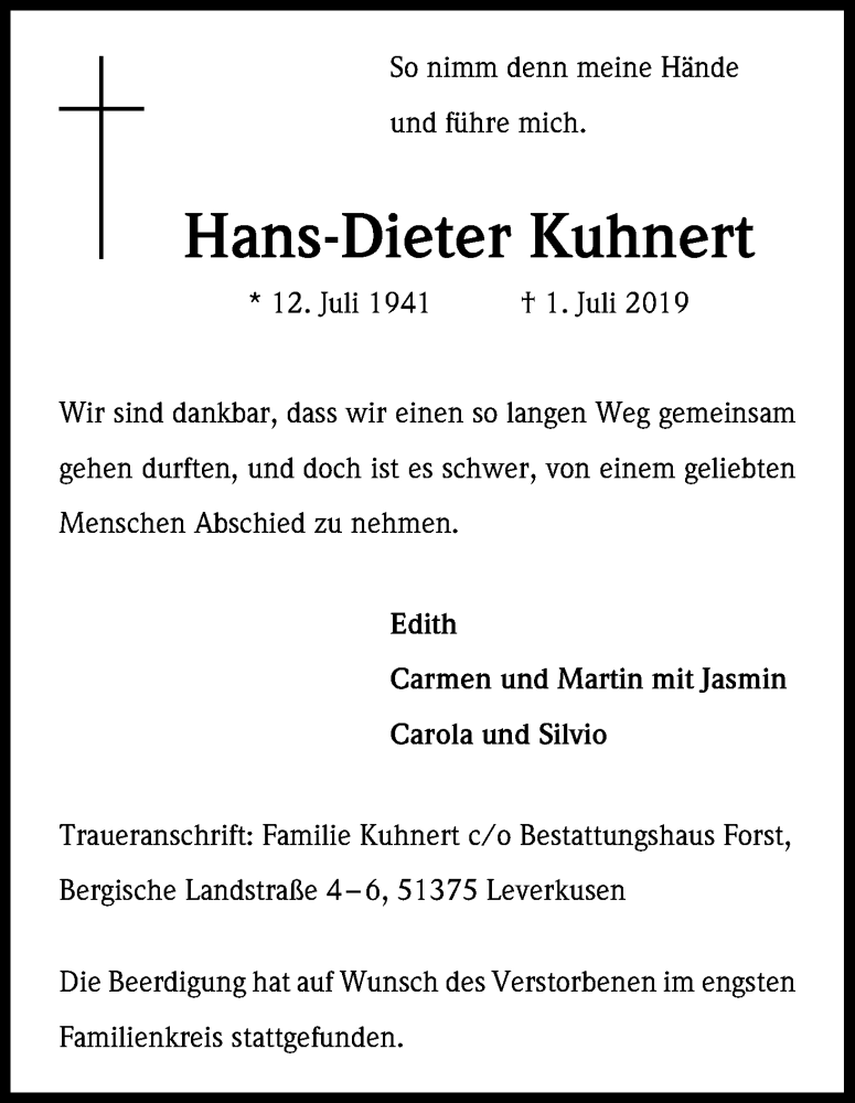  Traueranzeige für Hans-Dieter Kuhnert vom 18.07.2019 aus Kölner Stadt-Anzeiger / Kölnische Rundschau / Express