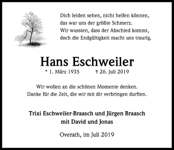 Anzeige von Hans Eschweiler von Kölner Stadt-Anzeiger / Kölnische Rundschau / Express