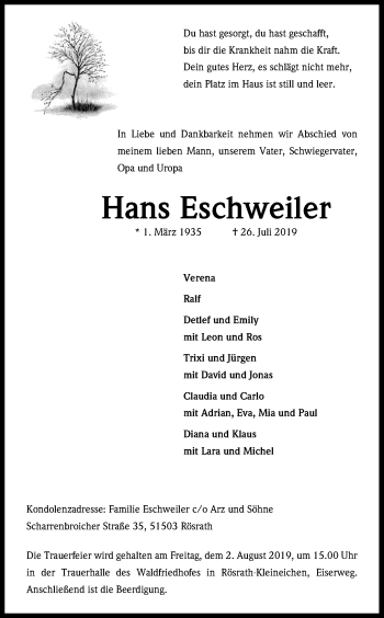 Anzeige von Hans Eschweiler von Kölner Stadt-Anzeiger / Kölnische Rundschau / Express