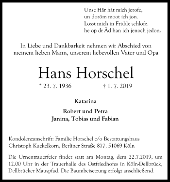 Anzeige von Hans Horschel von Kölner Stadt-Anzeiger / Kölnische Rundschau / Express